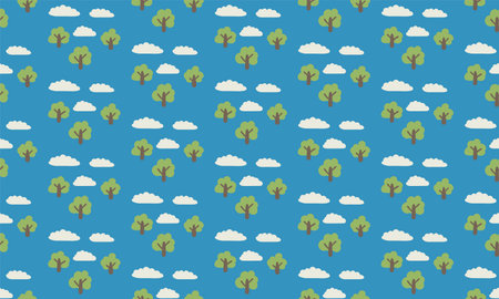 Landscape with clouds and trees, vector seamless patternのイラスト素材