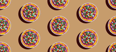 Delicious pizza on a plate on a table, vector flat style illustration, seamless patternのイラスト素材