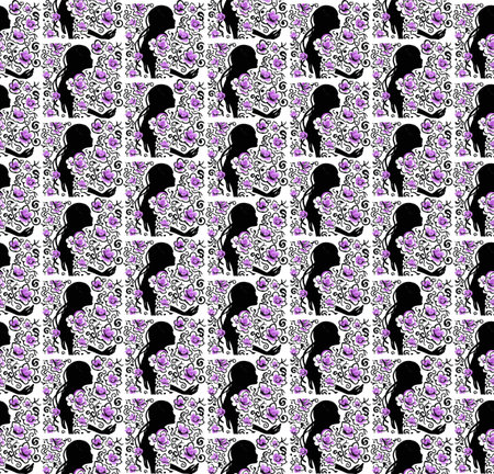 Silhouette of woman among flowers, seamless patternのイラスト素材