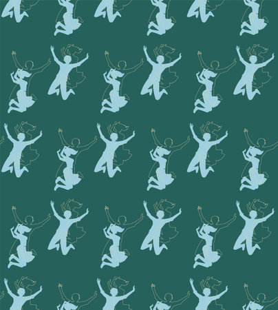 Jumping cartoon people on green, seamless vector patternのイラスト素材