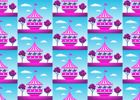 Pink circus from fairy world, minimalist vector cartoon, punchy forms and colors that demand attention, seamless background patternのイラスト素材