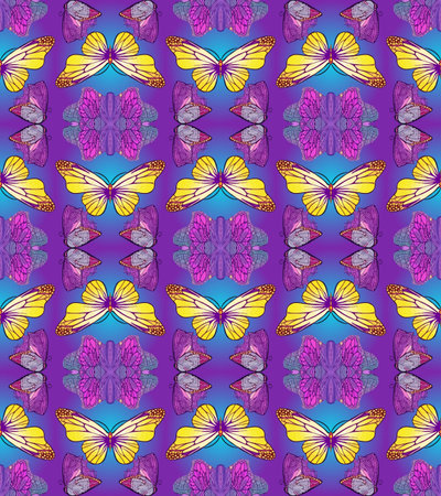 Seamless batterflies ornament, bright colors, punchy forms vectorの写真素材