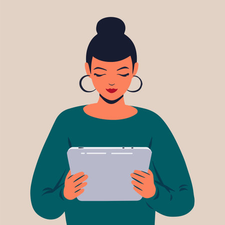 The girl holds in her hands a tablet, reading, browsing Web, messaging, correspondence, vector flat styleのイラスト素材