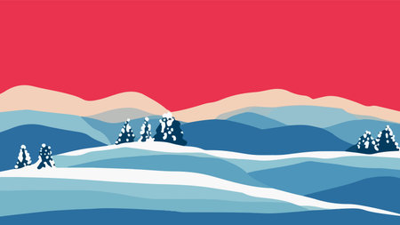 Minimalist retro panorama, hills landscape covered with snow, vector qualityのイラスト素材
