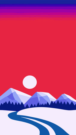 Retro style winter sunset landscape, vector quality, 16x9 verticalのイラスト素材