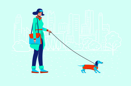 Winter, a girl in the city park walks a dachshund, minimalist vector flat styleのイラスト素材