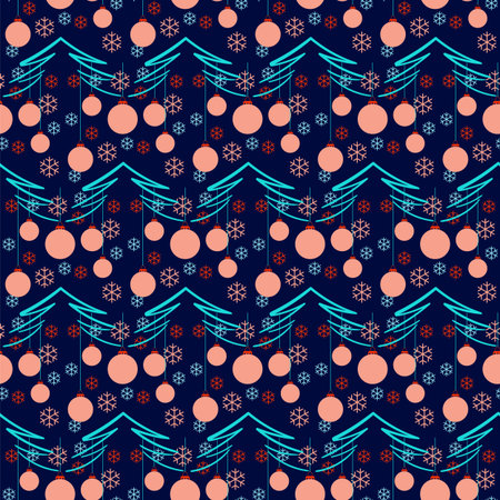 Christmas seamless wallpaper, Christmas toys, fir trees and snowflakes, vextor patternのイラスト素材