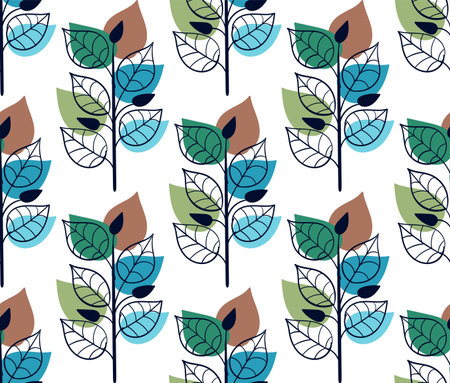 Modern vector seamless leaf pattern, black lines and solid fillsのイラスト素材