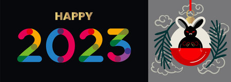 Happy New Year 2023, postcard banner with Black Rabbit, Chinese New Year symbolのイラスト素材
