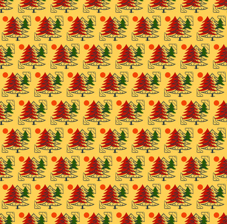 Seamles pattern with fir trees, yellow background, Christmas, vector clipartのイラスト素材