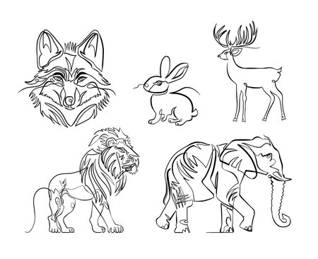 One line drawings of famous animals, vector set of five - wolf, hare, deer, lion and elephantのイラスト素材