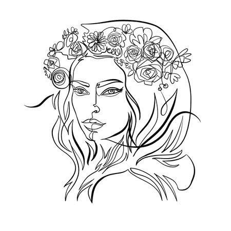 Continuous Line vector drawing of beauitiful female with a wreath of flowers on her headのイラスト素材