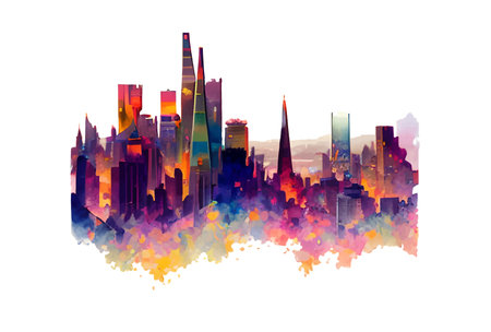 Vector city with skyscrapers skyline illustration in watercolors isolated on light backgroundのイラスト素材