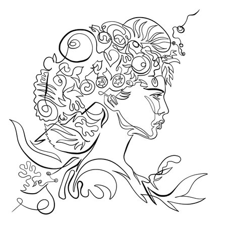 Water nymph woman head with flowers, corals and seaweed, One Line Drawing. Continuous Line vector portrait of mermaidのイラスト素材
