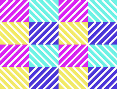 Seamless plaid pattern made of basic geometrical shapes, punchy neon pastel colorsのイラスト素材