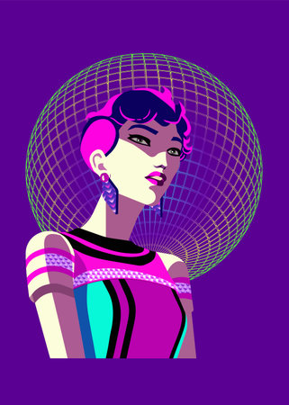 Beautiful woman in party dress, against disco mirror ballのイラスト素材
