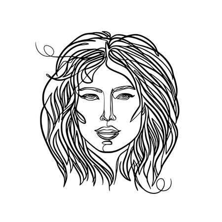 Portrait of a girl with a lush hairstyle, continuous line vectorのイラスト素材