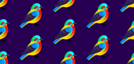 Colorful cartoon birds, hand drawn, seamless vector patternのイラスト素材