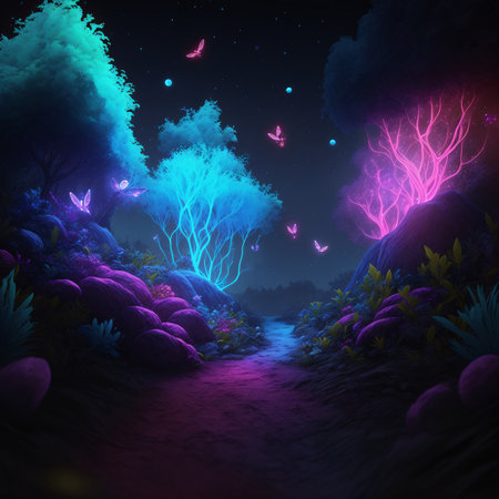 Mesmerizing bioluminescent night scene - nature, magic plants, colorful, with a spectacular volumetric background. The breathtaking landscape, vibrant electric colors, AI Generatedの素材