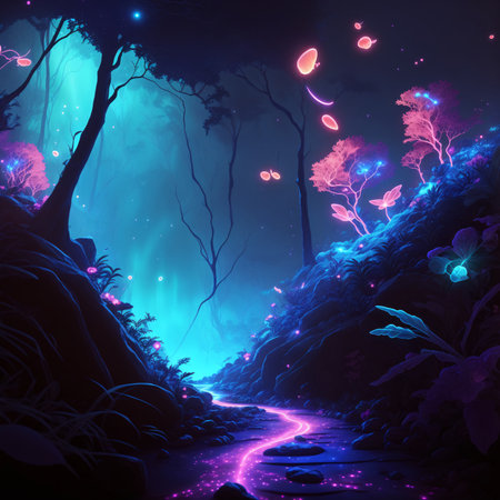 Mesmerizing bioluminescent night scene - nature, magic plants, colorful, with a spectacular volumetric background. The breathtaking landscape, vibrant electric colors, AI Generatedの素材