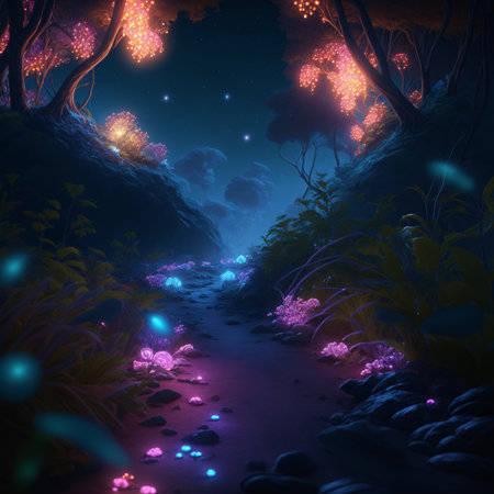 Mesmerizing bioluminescent night scene - nature, magic plants, colorful, with a spectacular volumetric background. The breathtaking landscape, vibrant electric colors, AI Generatedの素材
