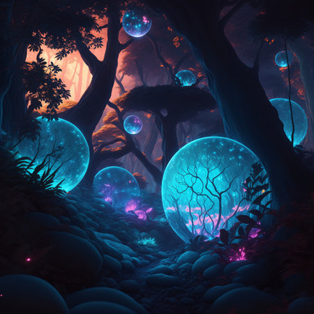 Mesmerizing bioluminescent night scene - nature, magic plants, colorful, with a spectacular volumetric background. The breathtaking landscape, vibrant electric colors, AI Generatedの素材