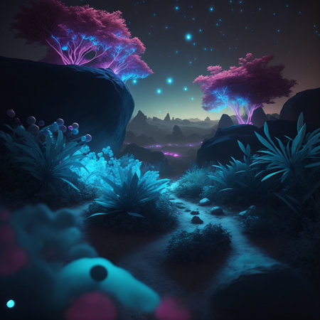 Mesmerizing bioluminescent night scene - nature, magic plants, colorful, with a spectacular volumetric background. The breathtaking landscape, vibrant electric colors, AI Generatedの素材