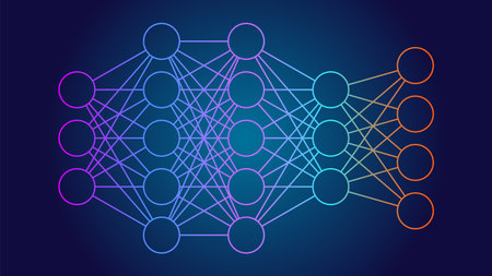 Deep neural network DNN diagram. An artificial neural network ANN with multiple layers between input and output layers, modern infographics styleのイラスト素材
