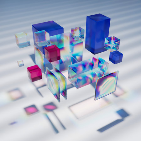 Glass cubes and plates, glassmorphism, dispersion, 3D rendering, technological abstraction, causticsの写真素材