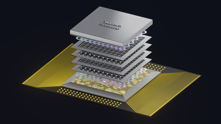 Quantum processor concept with quantum qubits circuit boards in layers, wiring, cover, 3D rendering,...