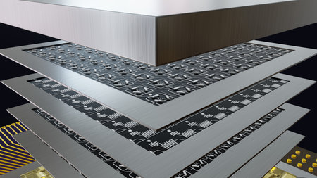 Quantum processor close up view concept with quantum qubits circuit boards in layers, wiring, cover, 3D rendering, an exploded view, on blackの写真素材