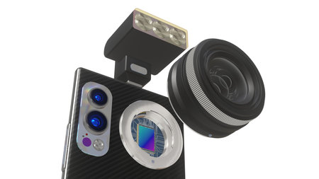 Conceptual 3D illustration of smartphone with interchangeable lens and flash, 3D rendering, isolated on white, low point of viewの写真素材