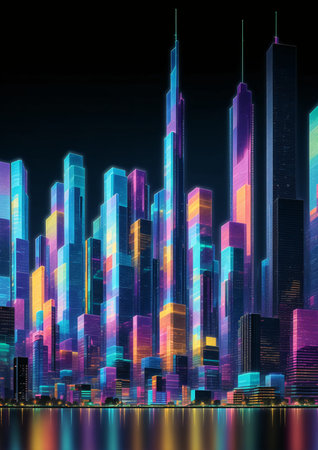 Futuristic cityscape - skyscrapers in colored holographic neon light, evening, reflections in river, AI Generatedの素材