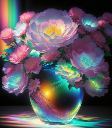 Bouquet of beautiful flowers in a glass vase with neon glow fairy tale effect, AI Generatedの素材
