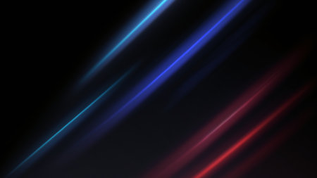 This is an AI generated abstract image of diagonal lines of light on a black background. The lines are blue, purple, and red in color. The lines are slightly blurred and fade into the background. The image has a futuristic or sci-fi feel to it.の素材