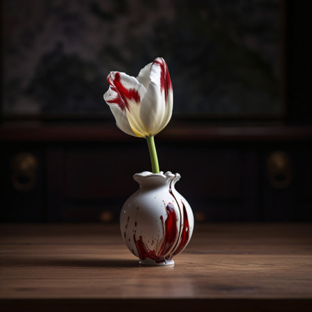 Photo realistic image of a Semper Augustus tulip, a rare and expensive variety of tulip with white and red stripes. The tulip is in full bloom and placed in a small white vase with red splatter paint. (AI Generated)の素材