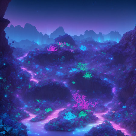 A digital art image of a fantastical landscape. A dense jungle with a winding river is filled with glowing blue and pink plants and trees. The sky is a deep purple with a shooting star. The image has a dreamlike quality to it. (AI Generated)の素材