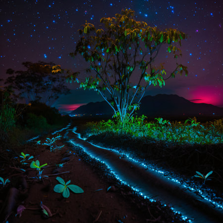 A photo realistic image of a dirt road with pink glowing plants on either side. The road leads to a mountain range with a green glow in the background. The image has a surreal and otherworldly mood. (AI Generated)の素材