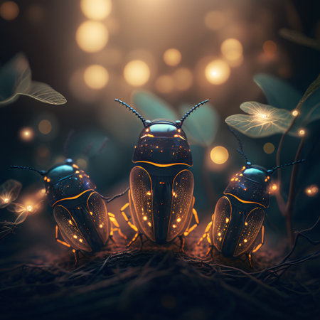 A photo realistic image of three beetles with blue and gold colors. The beetles have glowing bodies and stand on a nest-like structure. The background is dark and consists of leaves and branches with glowing fireflies. The image has a magical and whimsical mood. (AI Generated)の素材