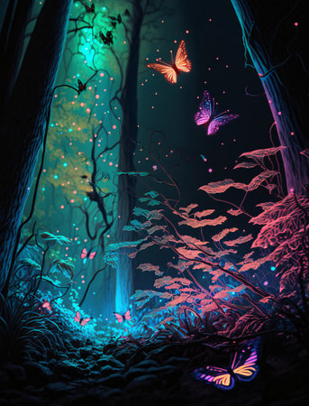 A mystical forest at night with a glowing tree trunk. Moss and crack on the tree trunk. Blue foliage and trees with butterflies in the background. Ferns and plants with butterflies in the foreground. Magical and mysterious mood. (AI Generated)の素材