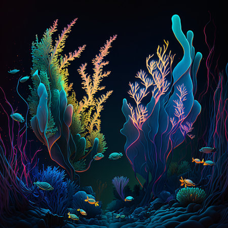 A digital illustration of a coral reef at night. The coral reef is made up of different types of coral in various colors such as blue, pink, orange, and green. There are small fish swimming around the coral. The image has a peaceful and serene mood. (AI Generated)の素材