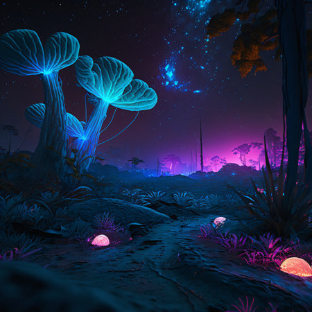 A digital art image of a fantastical landscape at night. The landscape is filled with large, blue mushrooms with white stems. The image has a surreal and otherworldly feel to it. (AI Generated)の素材