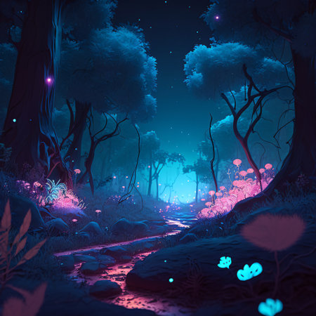 A mystical night forest with a twisted tree. Glowing mushrooms and flowers around the tree. Glowing butterflies and insects in the air. Magical and surreal image. (AI Generated)の素材