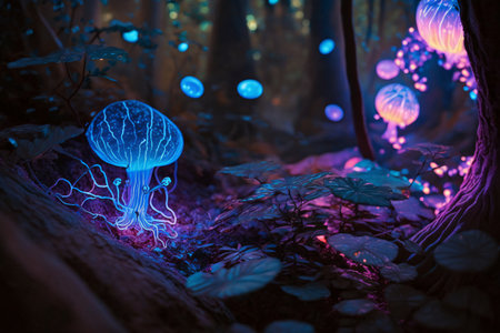 A photo realistic image of glowing mushrooms in a dark forest. The mushrooms are blue and pink and grow on a mossy rock. The background has trees and foliage. The image is dreamlike. (AI Generated)の素材