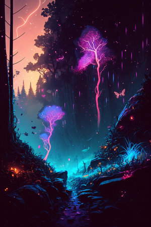A mystical night forest with a twisted tree. Glowing mushrooms and flowers around the tree. Glowing butterflies and insects in the air. Magical and surreal image. (AI Generated)の素材