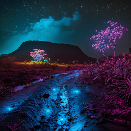 A photo realistic image of a dirt road with pink glowing plants on either side. The road leads to a mountain range with a green glow in the background. The image has a surreal and otherworldly mood. (AI Generated)の素材
