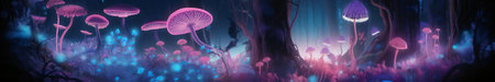 A panoramic digital art image of a dark forest with huge pink and purple mushrooms and blue and green plants that glow. The image has a surreal and fantasy mood. - AI Generatedの素材