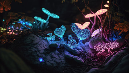 A photo realistic image of glowing mushrooms in a dark forest. The mushrooms are blue and pink and grow on a mossy rock. The background has trees and foliage. The image is dreamlike. (AI Generated)の素材