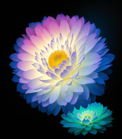 Beautifully crafted, generative AI artwork of a flower with vibrant neon colors. The flower is composed of multiple colorful layers, creating a visually striking and unique piece of art. AIgenerated.の素材
