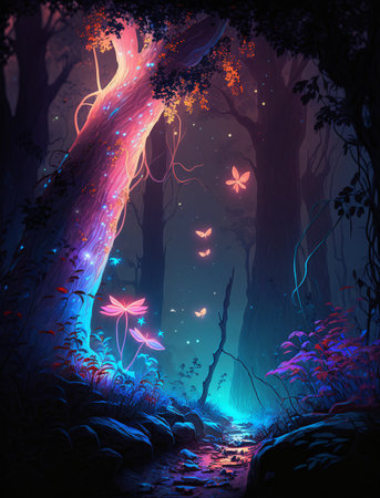 A mystical night forest with a twisted tree. Glowing mushrooms and flowers around the tree. Glowing butterflies and insects in the air. Magical and surreal image. (AI Generated)の素材